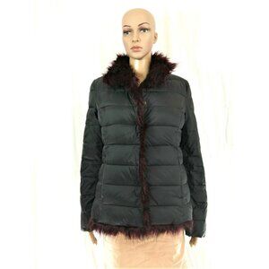 Betsey Johnson Burgundy/Black Reversible Faux Fur Puffer Jacket Wm Medium EUC